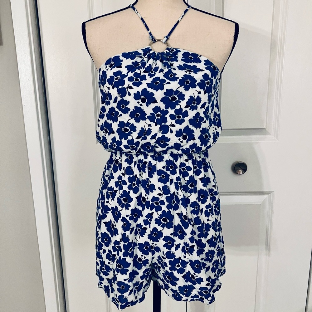 Adorable romper, blue and black flowers, worn once